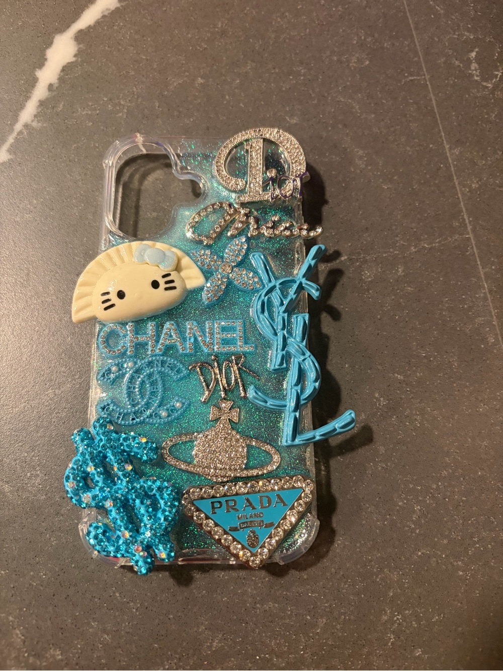 & Other Stories Teal Glitter Phone Case with Mixed Logo Charms